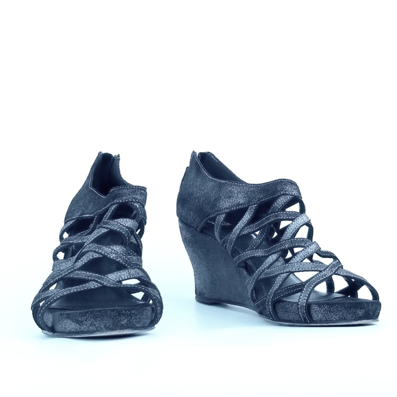Eileen Fisher Cage Strappy Leather Wedge Sandal Metallic Grey Black Sz 9 - Picture 3 of 13